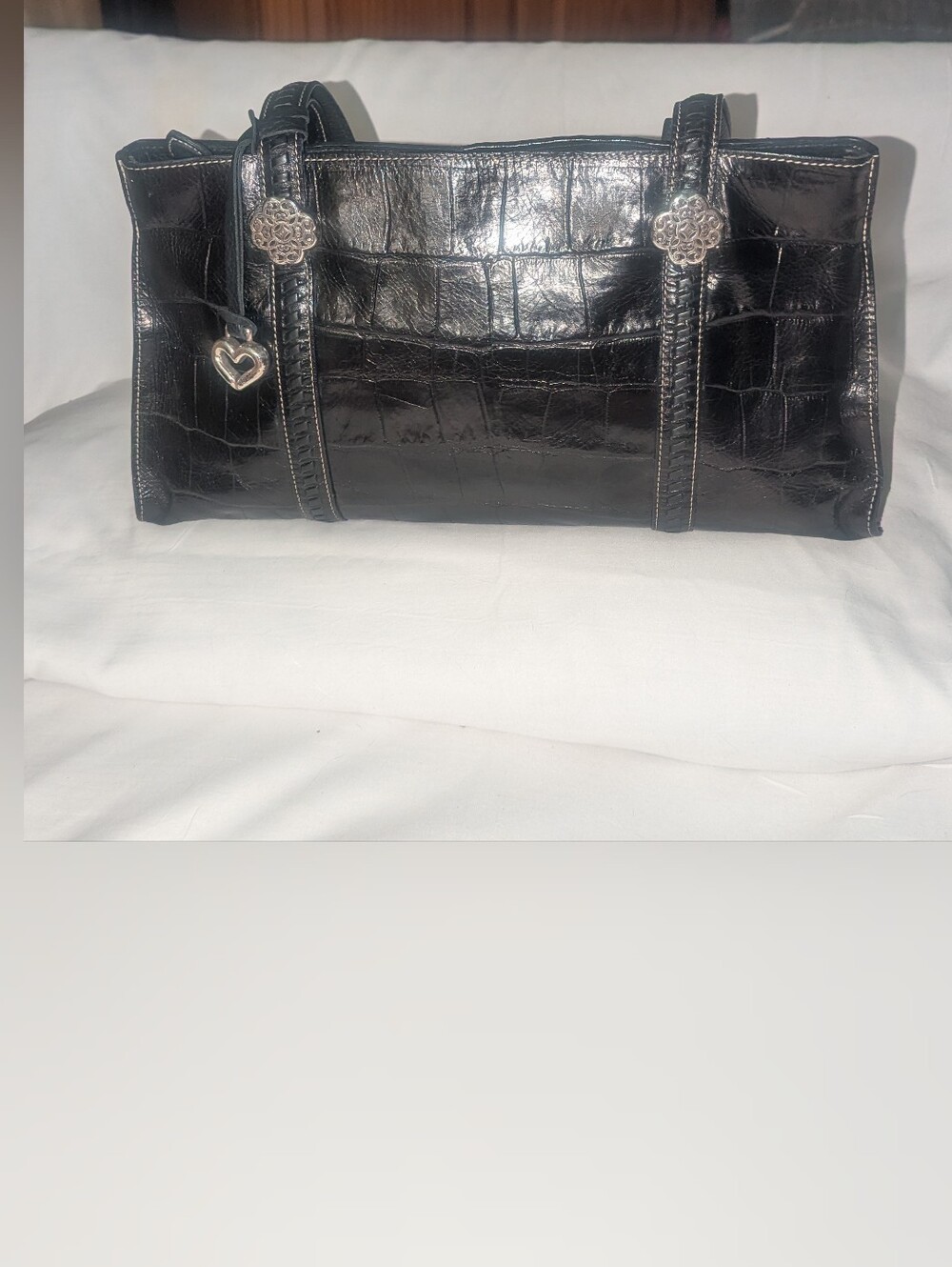 Vintage Brighton Black Croc-Embossed Shoulder Bag with Silver Accents Y2K